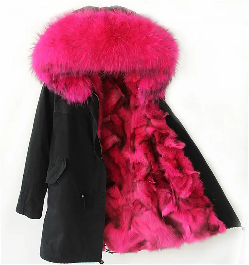 BRose fur black tips Новинка, Женское зимнее пальто, армейский зеленый, толстая парка, большой воротник из натурального меха енота, с капюшоном, подкладка из лисьего меха, зимняя куртка - Цвет: BRose fur black tips