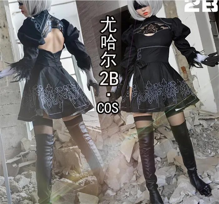Nier Automata Cosplay Shoes YoRHa 2B Knee Length PU Leather Boots Black High Heels Lace-up A432 | Тематическая одежда и
