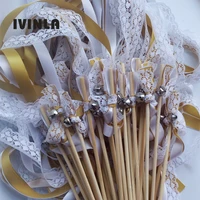 hot selling 50pcslot gold white lace wedding ribbon wands stick confetti stream with big sliver bells for wedding party
