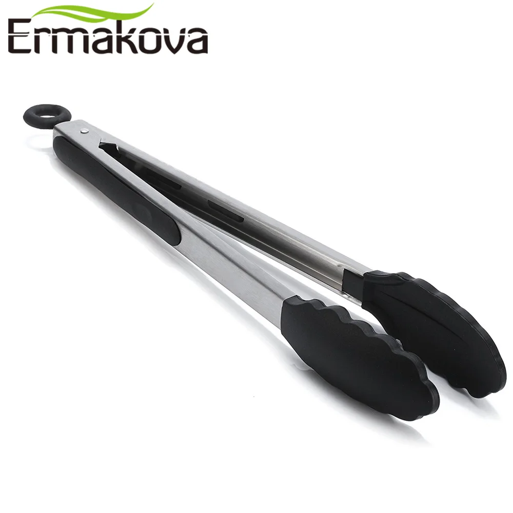 ERMAKOVA 2 шт./компл. 9-дюймовый и 12-дюймовый черный Кухня Силиконовые Тонг с антипригарным покрытием Нержавеющая сталь салат/пусковая площадка салатная приготовления барбекю или жареного хлеба размером Тонг