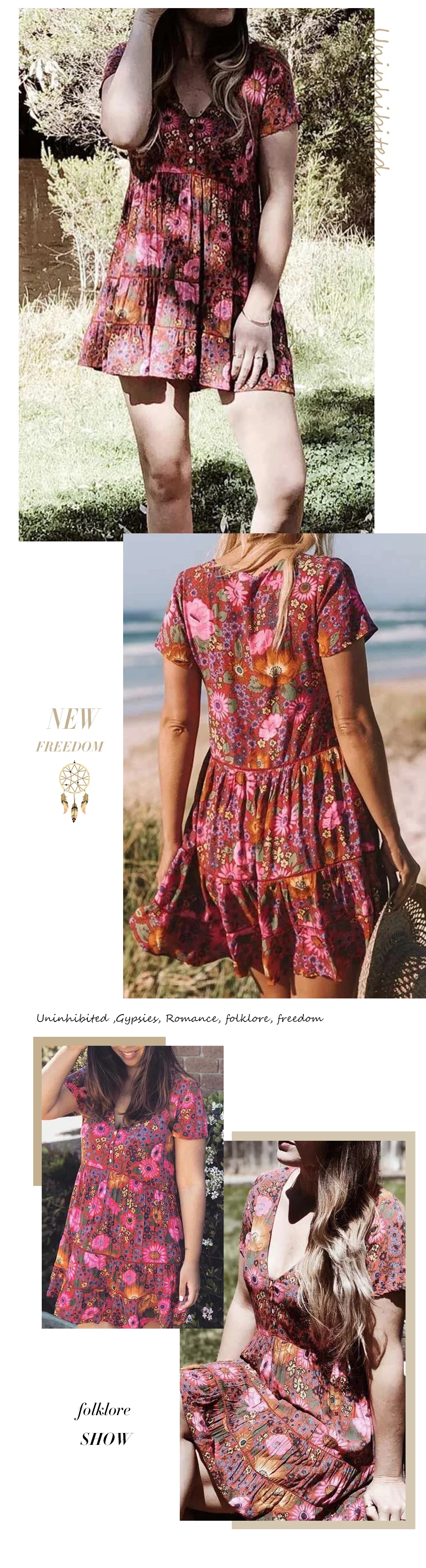 Everkaki, Boho, цветочный принт, мини платье, женское, хлопок, v-образный вырез, пуговицы, Империя, красное, богемное, летнее, пляжное платье, Femme, весна, новинка