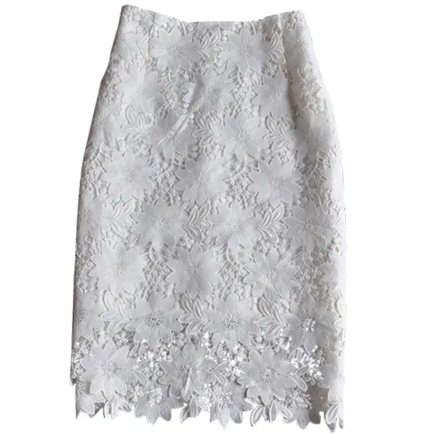 Женская кружевная юбка-карандаш белая ажурная юбка с высокой талией и разрезом