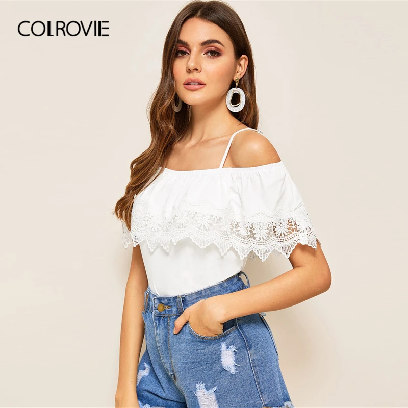 COLROVIE белый топ с открытыми плечами, гипюр, кружевная отделка, женская одежда, летняя повседневная футболка с коротким рукавом, женская футболка с вырезами