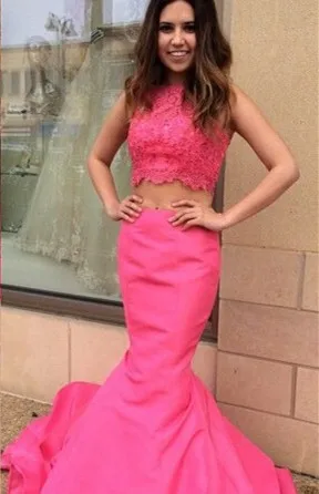 Новейшие Розовый Две Пьесы 2016 Пром Платье Без Рукавов Аппликации Развертки Поезд