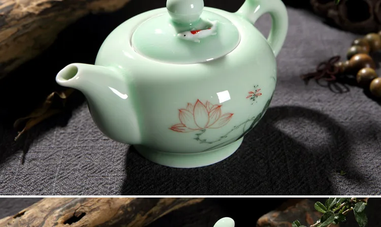Набор чайных чашек Longquan celadon, ручная роспись, набор чайных чашек кунг-фу, рыба, цветок лотоса, чайный набор, керамика, китайский стиль, домашний чайный набор