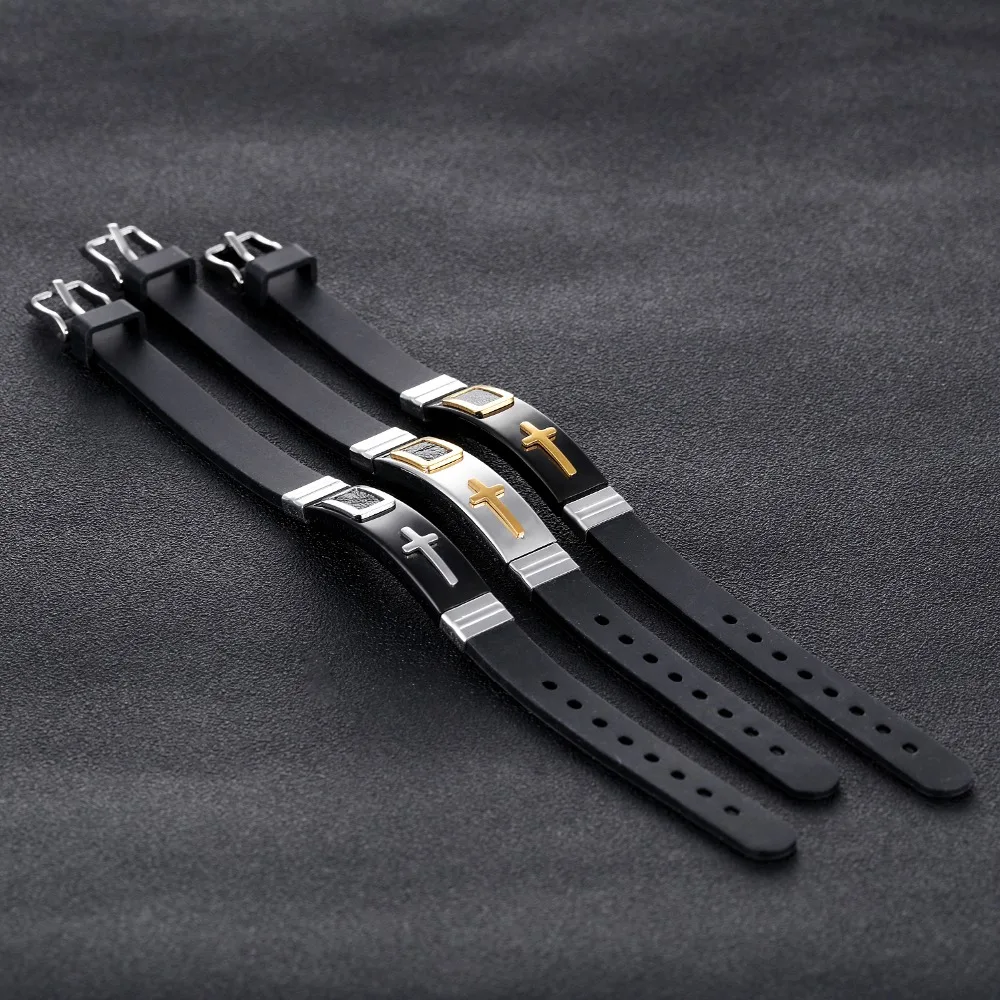 Fashion Punk Cross Silicone Bracelet For Men Stainless Steel Black/ Gold Color Male Jewelry Adjustable Wristbands | Украшения и