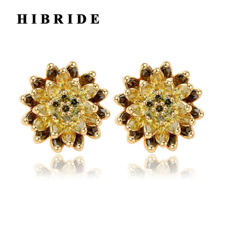 

HIBRIDE 3 Colors Beautiful Flower Yellow Cubic Zirconia Stud Earrings Women Fashion Jewelry Classic Female Earring Brincos E-372