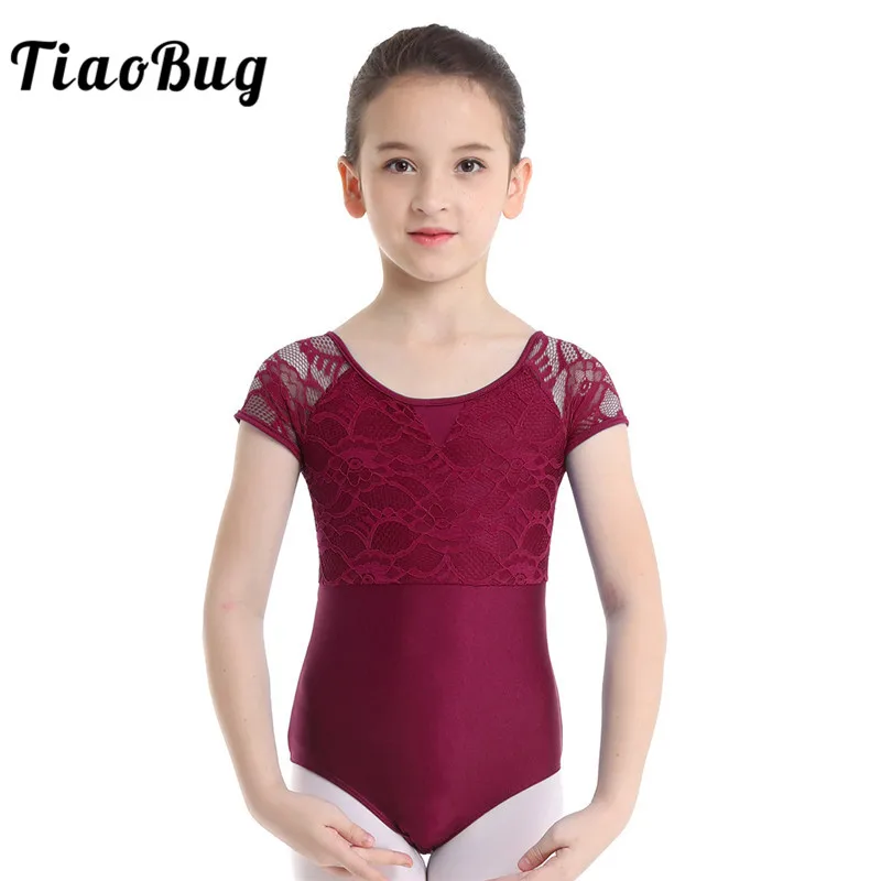 

TiaoBug Girls Short Sleeve Floral Lace Cutout Professional Ballet Dance Leotard Child Gymnastics Leotard Kids Ballerina Bodysuit