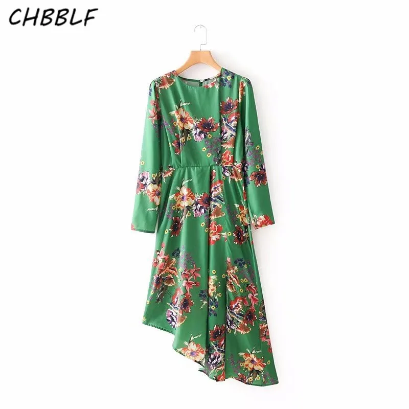Элегантный цветочный принт асимметричное платье Длинные рукава Круглая