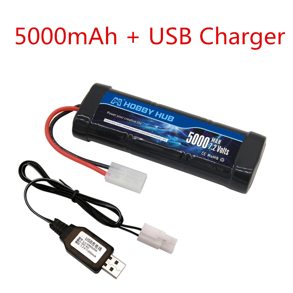 Paquete de bater&iacute;a Ni-MH de 7,2 V y 5000mAh con enchufe Tamiya, cargador de 7,2 v y bater&iacute;a SC * 6 celdas para coches de carreras RC, barcos, juguetes RC-2