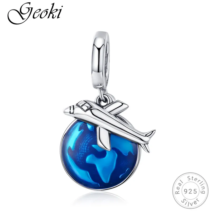 Geoki 925 пробы, серебряный, синий, земля, астронавт, самолет, талисманы, подходят к оригиналу Pandora, браслет, якорь, перо, Русалка, Бабочка, бусины - Цвет: GSCC664-1