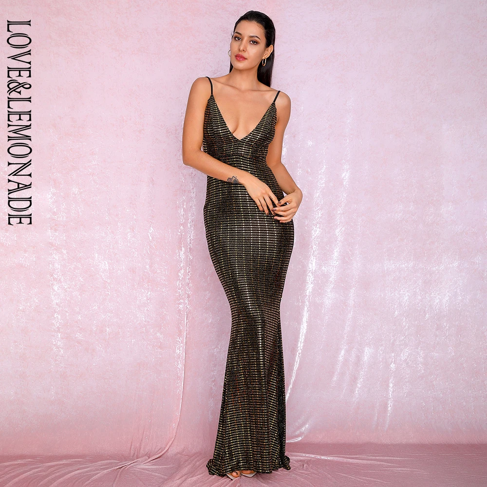 Женское вечернее платье LOVE & LEMONADE золотистое облегающее с глубоким V образным