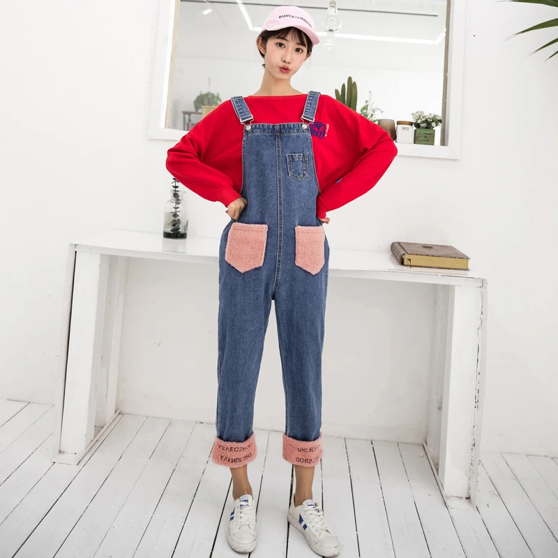 Woollen Patchwork Denim Overalls For Women Autumn Winter 2018 Roll Up Pockets Design Casual Embroidery Jumpsuit Romper | Женская одежда