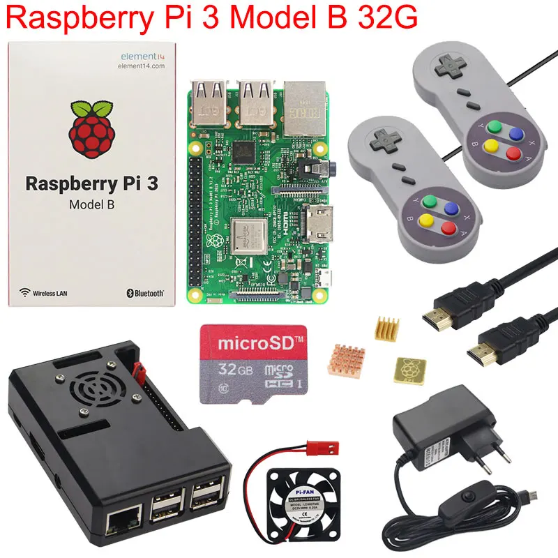 Raspberry Pi 3 Model B+ плюс игровой стартовый комплект+ sd-карта 16G 32G+ геймпад+ чехол+ вентилятор+ мощность+ радиатор+ кабель HDMI для RetroPie - Комплект: Bundle 1