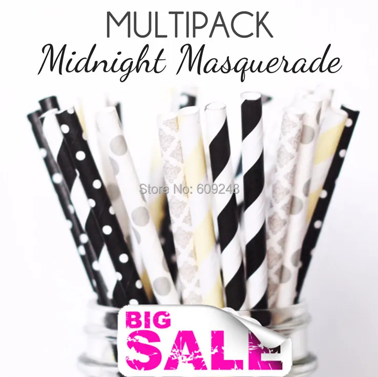 

Маскарадные соломинки смешанных цветов, 125 шт., черно-кремовые полоски, серебристый узор в горошек и Дамаск, черные с белыми точками
