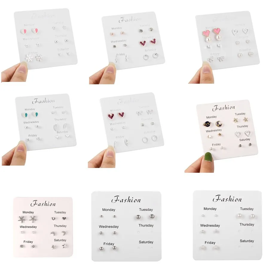 Женские серьги пусеты 6 пар/компл.. Дешевые с жемчугом и сердечком. Модные