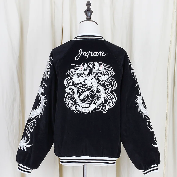 Hot Japanese Harajuku YOKOSUKA Feel Dragon Embroidery Cool Jacket Long Sleeve Baseball Casual Outwear High Quality Black &amp Blue | Женская