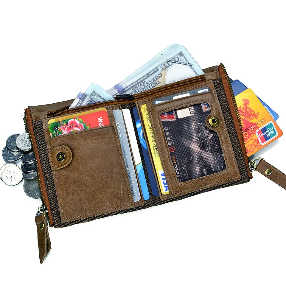 Brand Men Genuine Leather Wallet Short Men Cowhide Leather Coin Pocket Purse Male Carteira Masculina Double Zipepr Coin Bag