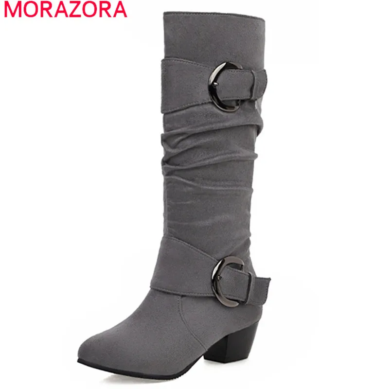 

Женские сапоги-Челси из флока MORAZORA, черные сапоги-челси из флока на высоком каблуке, с круглым носком, на молнии, с пряжкой, большие размеры, л...