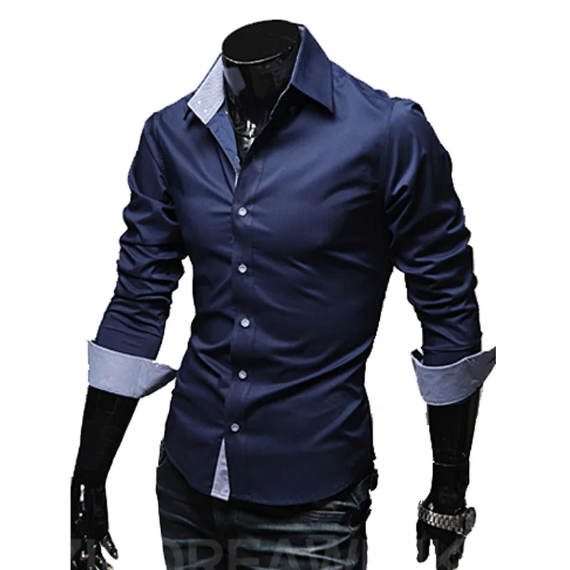Navy blue Мужские повседневные рубашки,, мужские облегающие рубашки с длинным рукавом, однотонные мужские рубашки, дизайнерские рубашки для мужчин 3XL 25 - Цвет: Navy blue