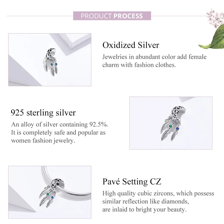 Fit Pandora браслет серебро 925 оригинальные богемные украшения с перьями S925 Винтаж Круглый Циркон сказка луна бусины для изготовления ювелирных изделий