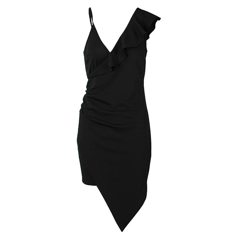 Ruffled Sexy Deep V-neck Spaghetti Strap Irregular Dress Summer Sleeveless Women Mini Dress Black Green Night Club Dresses