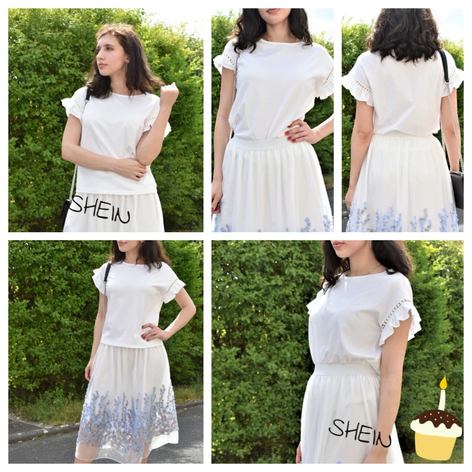 SHEIN белая футболка с кружевной отделкой и рюшами, женские топы, летняя повседневная Милая однотонная эластичная женская футболка с коротким рукавом