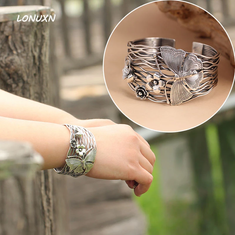 

100% pure 925 Sterling silver Bracelet women wide 42mm Thailand handmade butterfly flowers opening Bracelet Hollow women jewelry