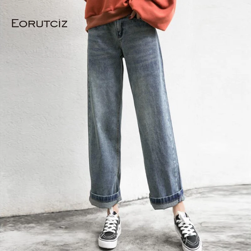

EORUTCIZ Spring Denim Wide Leg Pants High Waist jeans Female Vintage Loose Pocket Pant Blue Stretch Jeans LM206