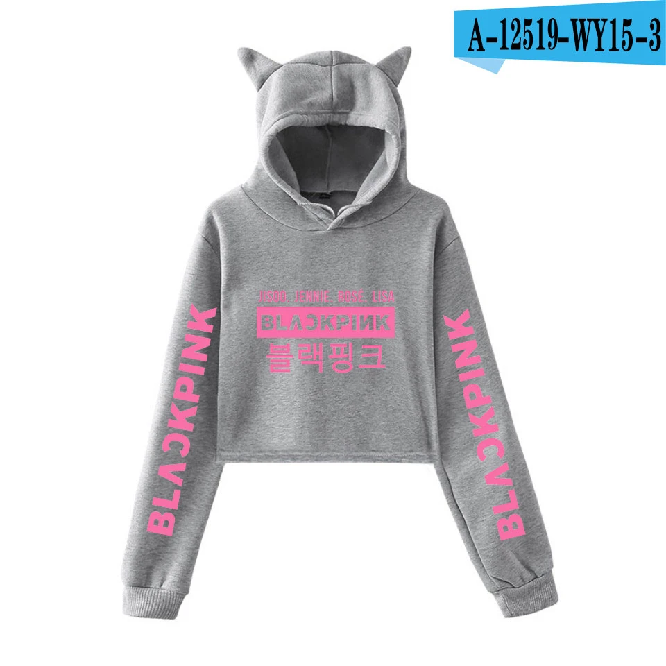 Blackpink harajuku Cat Ear Cap Hoodies fashion trend sala Cat Crop Top Women Hoodies Sweatshirt Sexy hot Kpop Clothes - Цвет: gray
