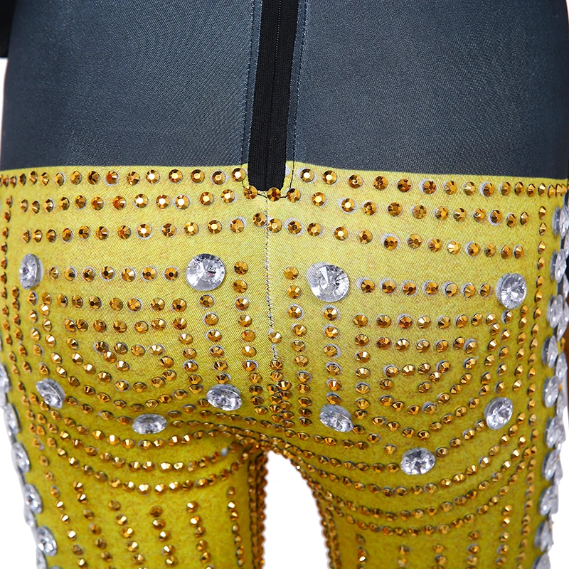 

Prinitng Pattern Stage Costumes Women Bodycon Jumpsuits Fashion Dancer Costumes Rhinestones Slim Leotard Women Fashion Catsuits
