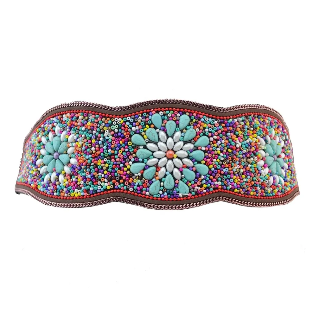 Boho Винтаж широкий цветок поясные ремни для женщин эластичный кожаный камень бисером эластичный корсетный Пояс живота цепь тела ювелирные изделия