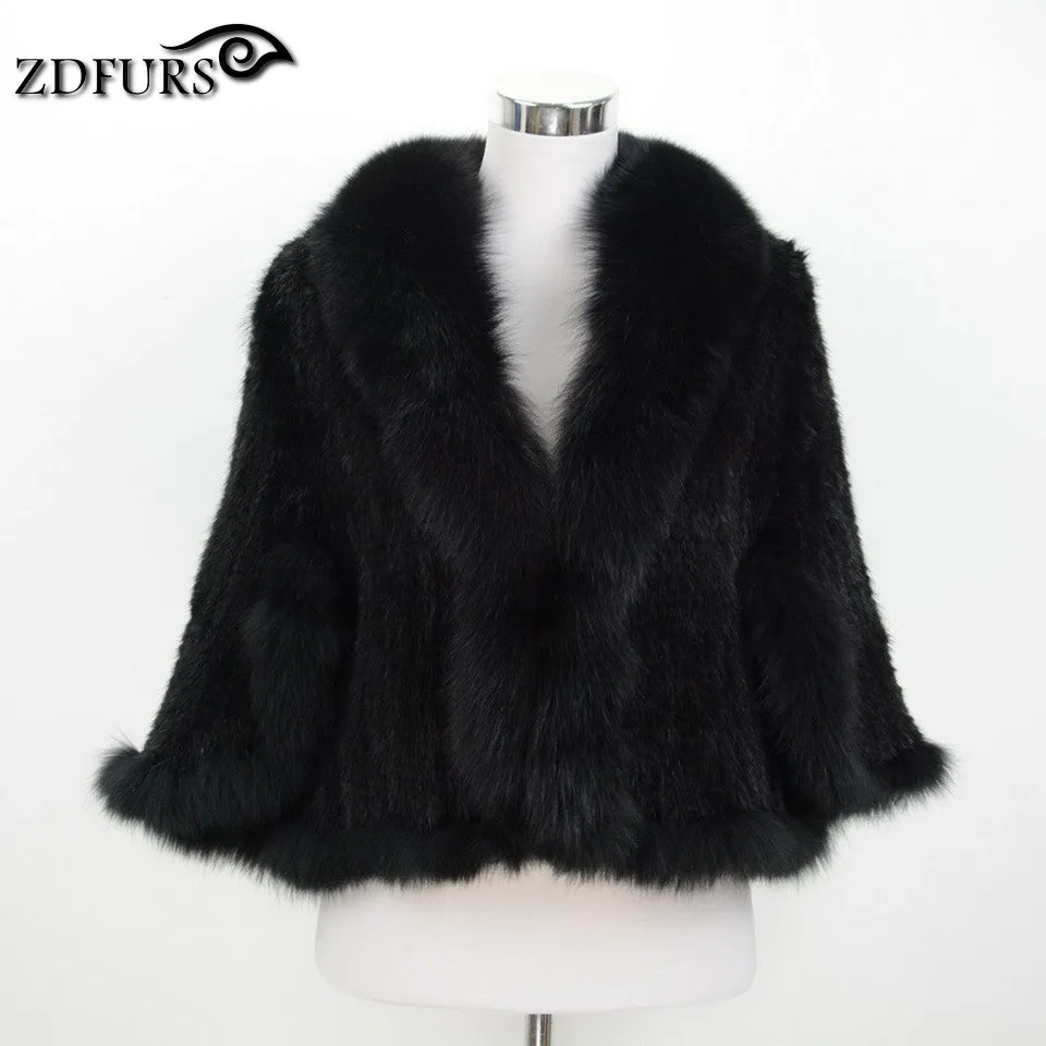 ZDFURS* Новая натуральная вязаная норковая шаль пончо с лисой Обрезка настоящая норковая Меховая куртка модная женская ZDKM-166001 - Цвет: Black
