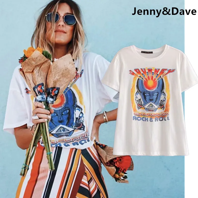 Jenny& Dave, женская футболка Харадзюку, высокая улица, классика, путешествие, принт робота, хлопок, Круглый ворот, свободная футболка, топы размера плюс