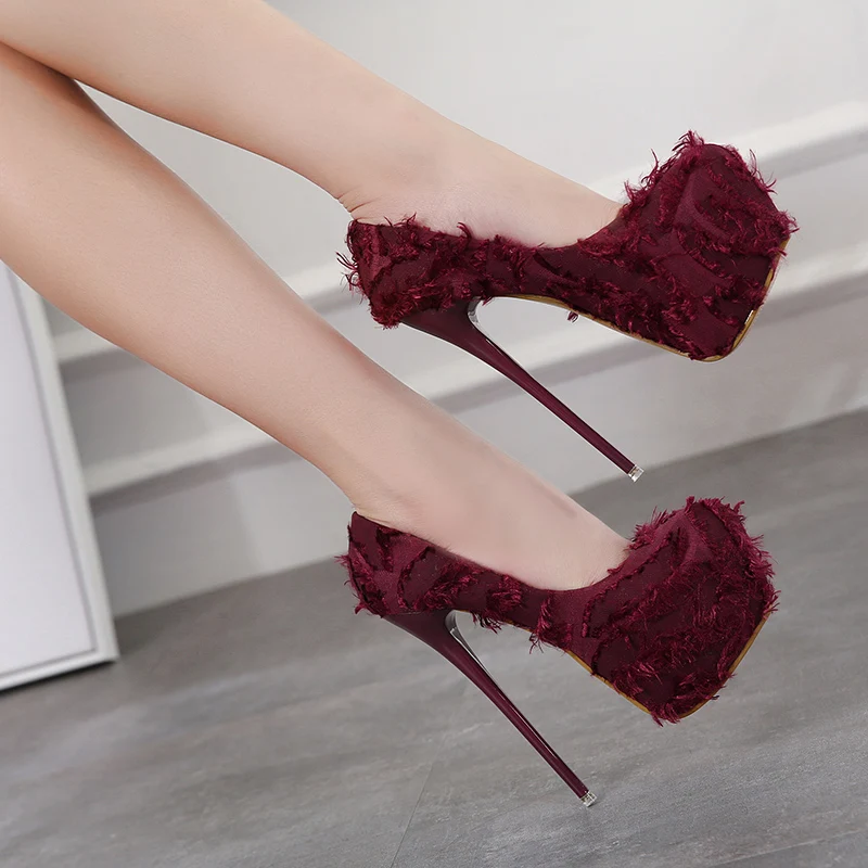 

NIUFUNI Spring Autumn Sexy Wedding Round Toe Woman Pumps Platform Super High Heels 16.5 cm Black Wine Red Feather Women Shoes