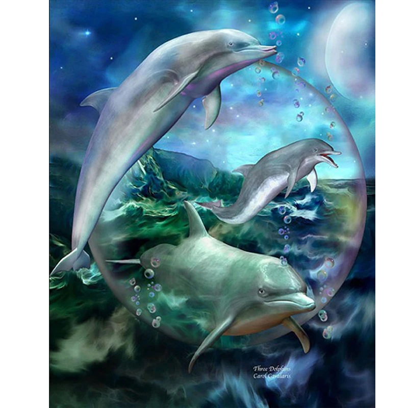 5d алмазная картина полная дрель квадрат/Круглый Алмаз &quotЛуна и дельфины&quot
