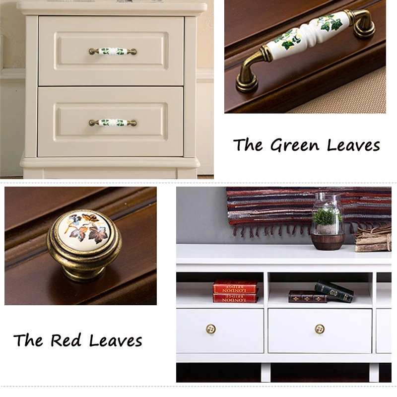 Винтажная сельская керамика дверь для ящика шкафа ручки зеленый/красные листья