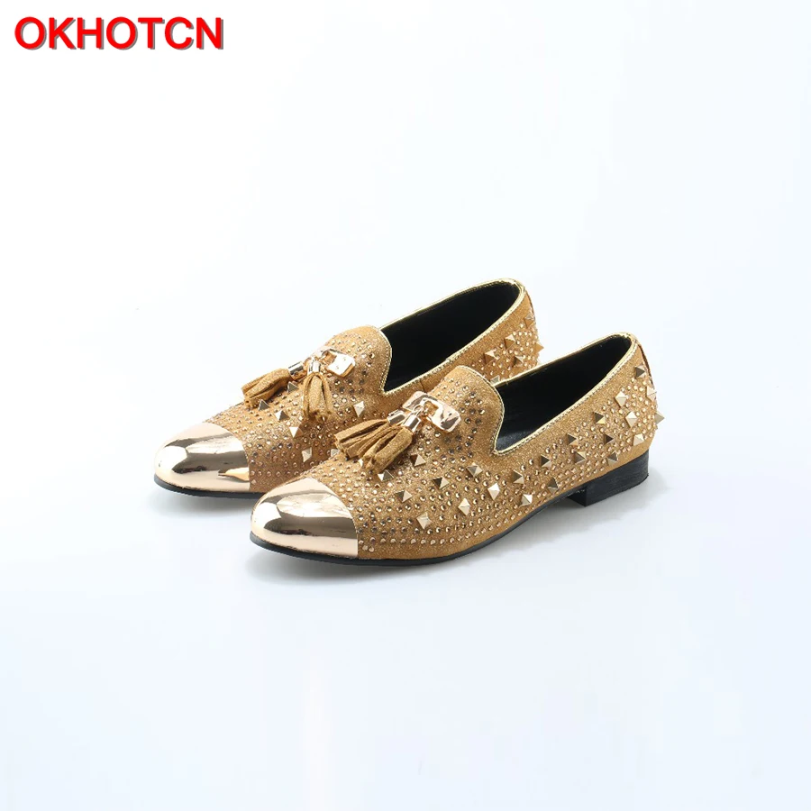 

OKHOTCN Men gold spike plus size yellow suede leather penny loafers moccasins slip ons boat shoes smoking wedding men shoe