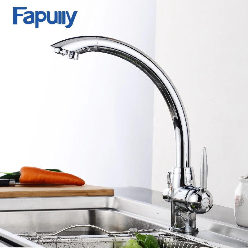 Fapully самая низкая цена хромированный кухонный кран 3 способа латунь две ручки для