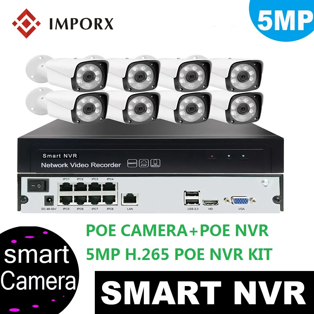 IMPORX Full HD 8CH 1944P 5MP POE IP CCTV Системы NVR Kit P2P H.265 Открытый ИК Ночное видение Камера видео