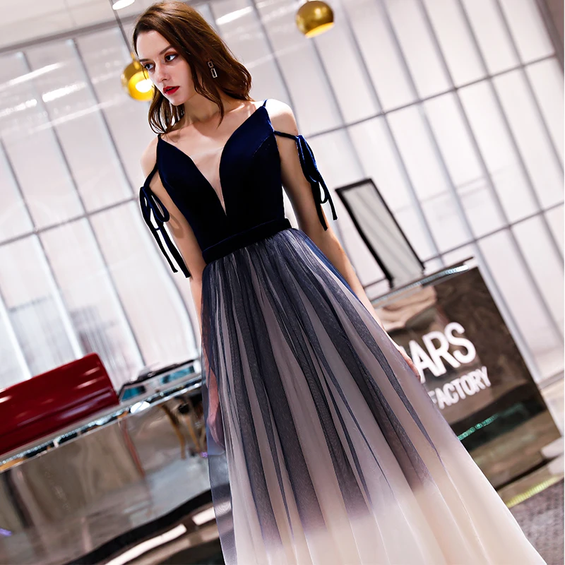 Женское вечернее платье SSYFashion элегантное темно синее с V образным вырезом