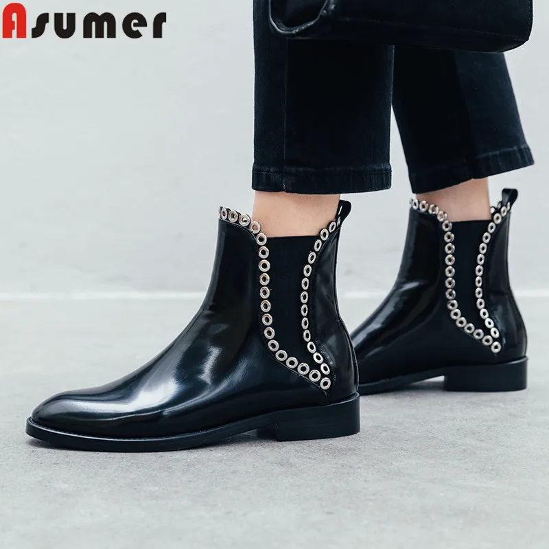 

Женские ботильоны без застежки ASUMER, черные повседневные ботинки из натуральной кожи, с круглым носком, на низком каблуке, размеры 34-40, для ос...