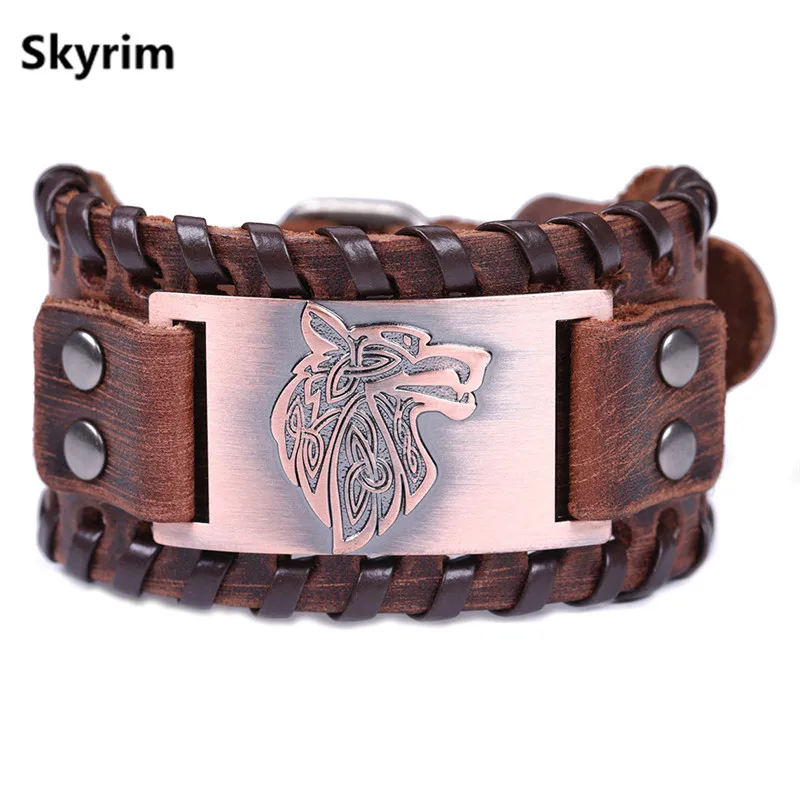wolf head 6 Skyrim Викинг-волк голова металлический Шарм Широкий Кожаный Браслет-манжета подростковый волк скандинавские регулируемые винтажные браслеты панк ювелирные изделия для мужчин - Окраска металла: wolf head 6