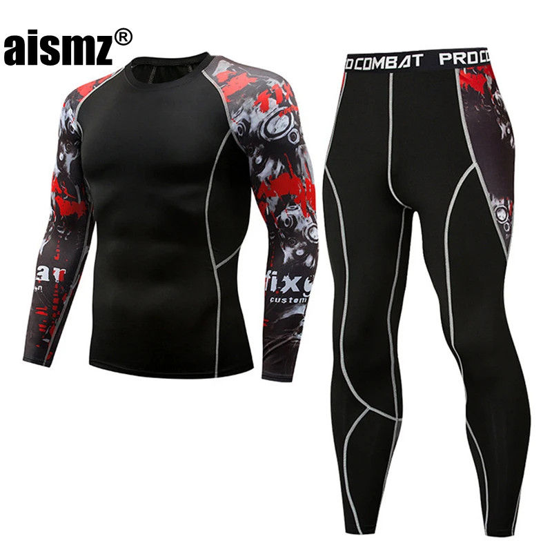 Aismz mma Рашгард с длинным рукавом фитнес набор колготки мужские компрессионные эластичные быстросохнущие дышащие тактические мужские комплекты футболок - Цвет: AZ-119