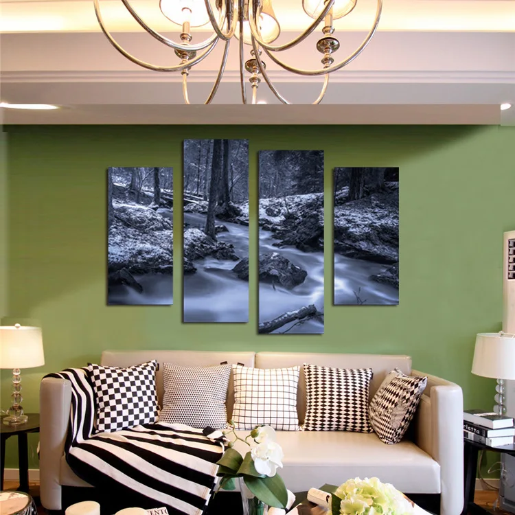 4 панели темная картина для гостиной лес и поток пейзаж куадро декорацион