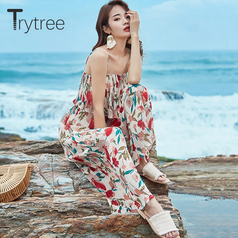 Trytree/2019 летние женские костюмы с цветочным принтом пляжный стиль эластичный пояс