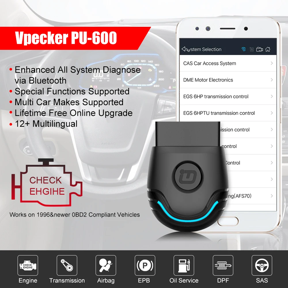 Автомобильный сканер Vpecker PU 600 OBD2 с полной системой Bluetooth ABS SRS EPB DPF Сброс масла OBD ODB2