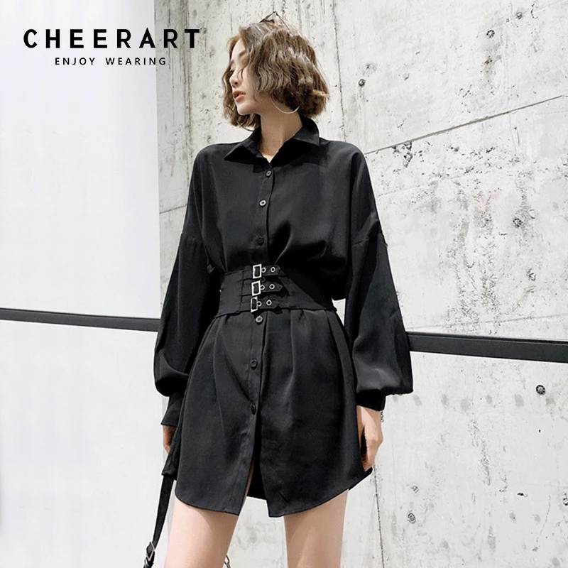 Cheerart черное платье рубашка с корсетом туника длинным рукавом Готическая