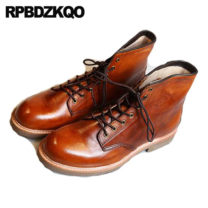 

Brown Booties Fall Round Toe Designer Full Grain Leather Boots 2021 Ankle Autumn Short Fashion Lace Up Men Shoes British Style