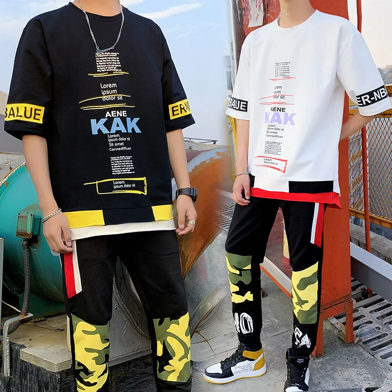 

2019 new autumn summer style men tracksuit short t shirts and ankle-length pants sporting suit men masculino LBZ86